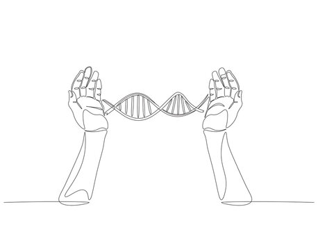 Continuous one line drawing of hand holding DNA. One line drawing illustration of human DNA. World science day concept line art. Editable outline