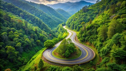 Fototapeta premium Winding mountain road cutting through lush green forests , Mountain, Road, Curves, Scenic, Nature, Landscape, Travel