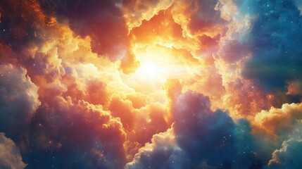 Fototapeta premium Majestic scene of heaven with bright light illuminating a grand sky. Glowing aura surrounding spiritual elements.