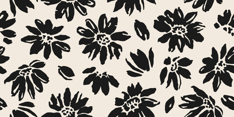 Flowers have organic shape with seamless background. Simple abstract floral pattern. Modern printing in black and white. Ideal for textile design, wallpaper, cards, posters and decoration.