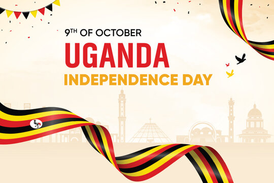 Uganda Flag Waving On Skyline Background. Independence Day Concept Design Vector Illustration.