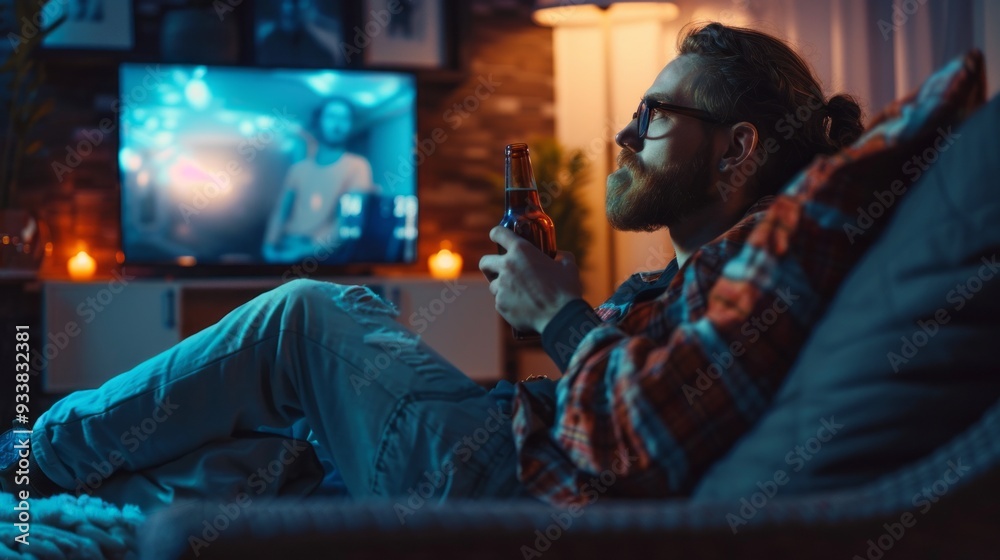 Poster a person reclines comfortably on a couch, savoring a drink and lost in a captivating show illuminate