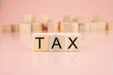 Wooden cubes with the inscription - TAX. TAX on wood building blocks, education, information, business and payment concept. Space for text in right front view.