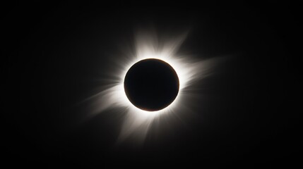 Solar eclipse with bright light flares illuminating the edges of the dark moon against a pitch-black sky.
