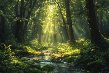 Obraz premium A peaceful, lush forest with towering trees and a gently flowing stream.