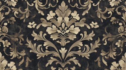 A luxurious damask wallpaper pattern with intricate floral motifs, set against a richly textured, dark background for an elegant and timeless interior design.