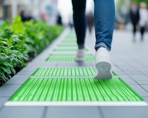 Fototapeta premium A person walks on a green, illuminated path in a modern city setting. The path could represent technology, innovation, or a sustainable future.