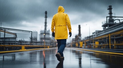 A person walks on a rain-soaked industrial path, wearing a bright yellow raincoat under a stormy sky.