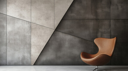 A modern interior featuring a striking geometric wall in shades of gray and black, paired with a stylish, curved leather chair in warm brown.