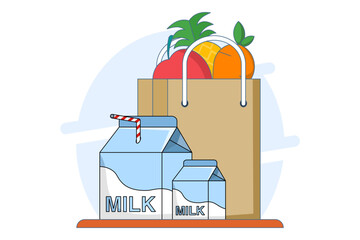 Fototapeta premium Concept of fruit and milk drinks, healthy and nutritious food and drinks. Flat Outline Illustration Vector Graphics Shopping Bag, Pineapple, Apple, Carrot and Milk Icons. App Icons, Banners, etc.