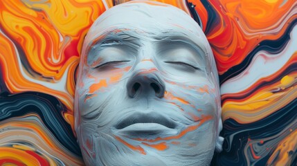 A serene and abstract portrayal of a face surrounded by vibrant colors, showcasing intricate patterns and artistic expression.