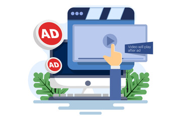 Non-skippable in-stream video ad concept. Short ad that viewers have to watch before or during the video. Inbound digital marketing business promotion with online broadcasting, vector illustration.