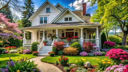 Vibrant blooming flowers and lush greenery surround a charming white house with a inviting porch, perfect for a serene spring morning.