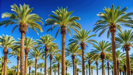 Fototapeta premium Tall date palm trees against a clear blue sky, date palm, trees, palm trees, nature, tropical, sky, sunny, growth, landscape