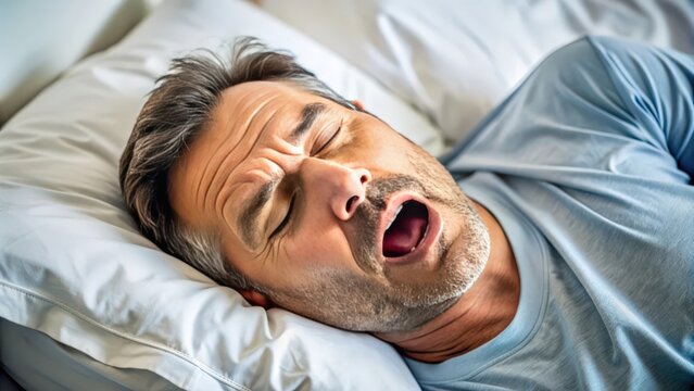 Close up of a man snoring loudly while sleeping , snoring, sleep, noisy, bedroom, nighttime, tired, exhausted, disturbance