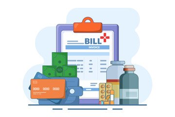 hospital bill concept. medical and health care. Health care wallet, money, pharmacy bottles, medicines and medical items, isolated white background with flat color line style.