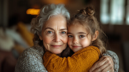 Old woman hugging young girl smiling happily