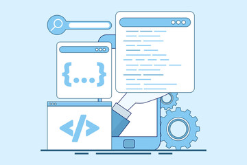 Programming Concept, Software development and programming, program code on laptop screen, big data processing, computing, programming language. flat vector illustration on background.
