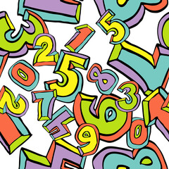 Hand drawn numbers seamless pattern for digital background, wallpaper and textile print. Cartoon style drawing. Education and finance theme, school lettering 