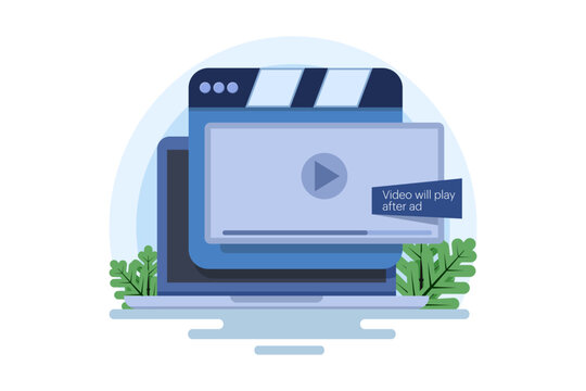 Non-skippable in-stream video ad concept. Short ad that viewers have to watch before or during the video. Inbound digital marketing business promotion with online broadcasting, vector illustration.