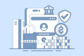 Safe online banking concept, online banking and mobile payments, login to bank account, digital wallet, internet money, savings and finance, mobile banking. Flat vector illustration on background.
