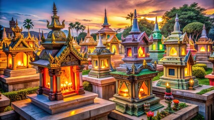Obraz premium Thai-style ancestral cemetery with ornate tombstones, colorful lanterns, and intricate carvings