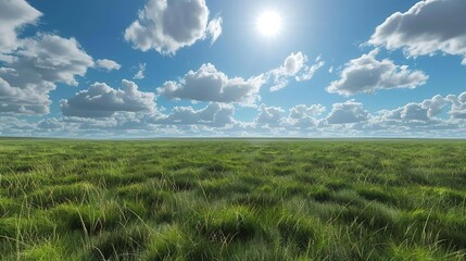 Green Grass Field with Cloudy Sky Illustration