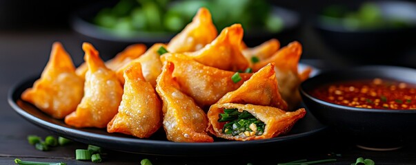 Plate of Kanom Gui Chai, showcasing the crispy, deep-fried dumplings with a savory Chinese chive filling, served as a tasty appetizer
