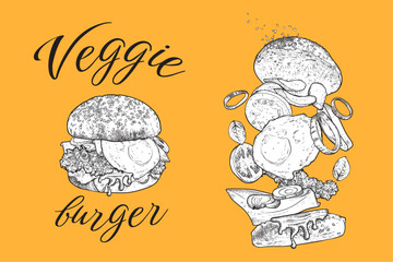 Veggie burger vector line art hand drawn with black outline and white fill on orange background. Burger with tomatoes, pickles, basil, lettuce, onion, vegan meat, egg. Ingredients are grouped separate