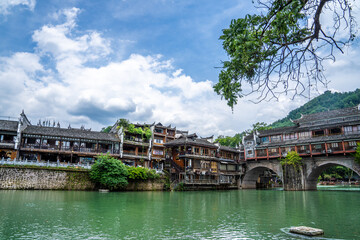 Green Water and Traditional Miao Village Architecture by the River in Fenghuang Ancient Town, Xiangxi, Hunan