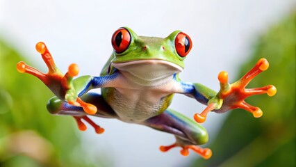 Funny red eyed tree frog jumping and reaching for camera, tree frog, red eyed, funny, quirky, amphibian, wildlife, nature