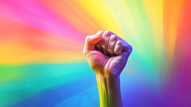 Raised fist against a vibrant rainbow background, symbol of strength and unity concept
