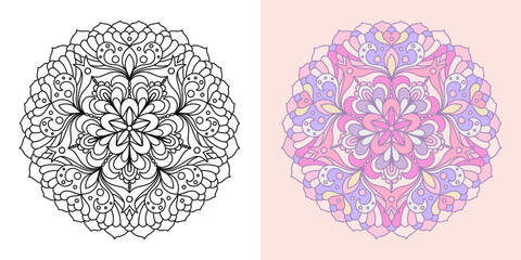 Creative colorful mandala, simple outline design perfect for relaxing coloring book, stickers, patterns, yoga, planners, calendars. Bohemian mandala design