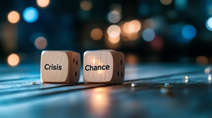 Wooden dice showing the words 'Crisis' and 'Chance', symbolizing opportunity in difficult times, set against a bokeh background.
