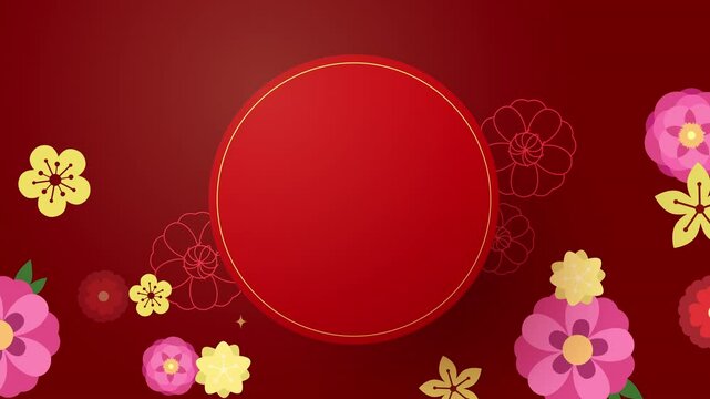 Oriental round frame template animation with floral background. Chinese new year background horizontal video for greetings card.