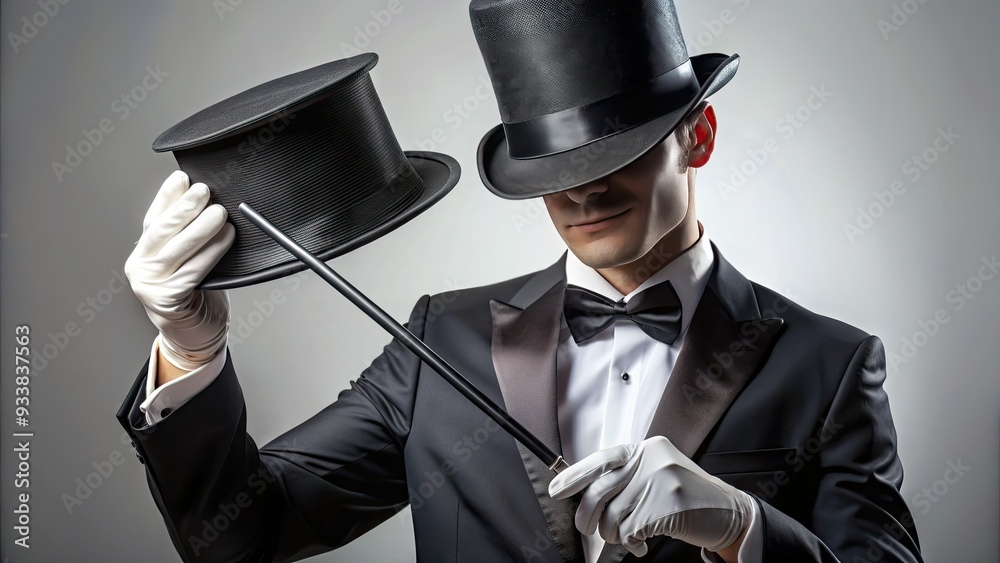 Wall mural Classic illusionist's props, a slender wand and iconic top hat, held with flair on a crisp white background, evoking mystique and wonder in a timeless close-up.