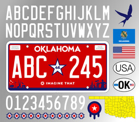Oklahoma car license plate new style 2024, letters, numbers and symbols, vector illustration, USA