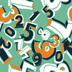 Hand drawn numbers seamless pattern for digital background, wallpaper and textile print. Cartoon style drawing. Education and finance theme, school lettering 