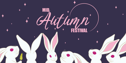 Fototapeta premium Mid autumn festival card with white rabbits. Background on dark blue