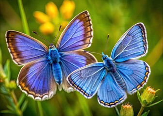 Obraz premium Vibrant blue wings of a male Common Blue Butterfly contrast with the subtle brown hue of a female, showcasing their striking color variations in nature.