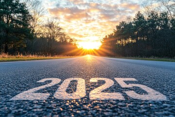 New year 2025 or unclear concept. The words "2025" are written on the asphalt road at sunset. planning and challenges, business strategies, opportunities, hopes, new life, with generative ai