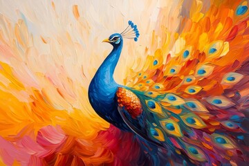 Vibrant artwork of a majestic peacock showcasing its colorful feathers against an abstract background.