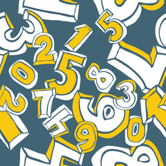 Hand drawn numbers seamless pattern for digital background, wallpaper and textile print. Cartoon style drawing. Education and finance theme, school lettering 