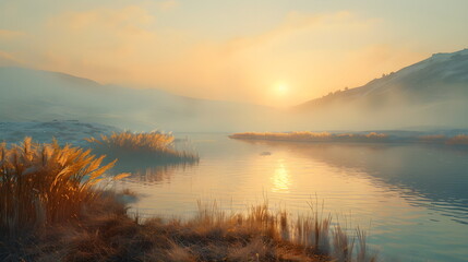 Epic, realistic picture of a beautiful scenery in peach fuzz tones.