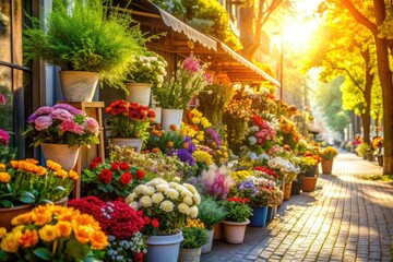 Vibrant bouquets of fresh flowers spill out of a quaint sidewalk shop, surrounded by lush greenery and wrapped in a warm, sunny light.