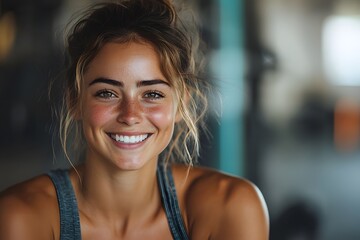 A smiling woman athlete taking a break during her workout at the gym. The image captures her happiness and positive energy while resting