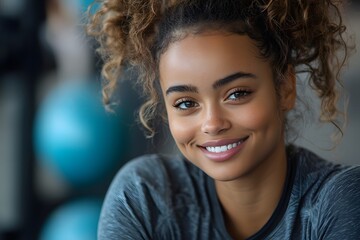 A smiling woman athlete taking a break during her workout at the gym. The image captures her happiness and positive energy while resting