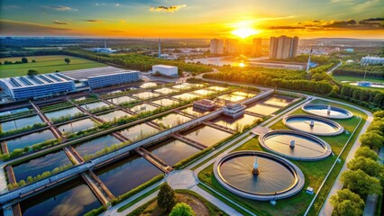 Aerial view of modern industrial sewage treatment plant at sunset , sewage treatment, industrial