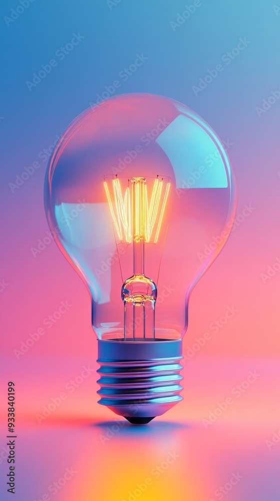 Poster Light bulb with glowing filament on gradient background, conceptual illumination. Bright idea and innovation concept