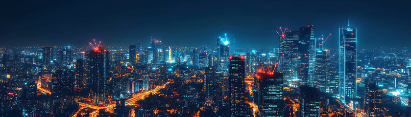 A high-tech metropolis at night, where AI-enhanced digital businesses thrive, with glowing signs of innovation and optimization lighting up the skyline 